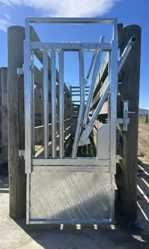 A manual cattle headbail ready for installation